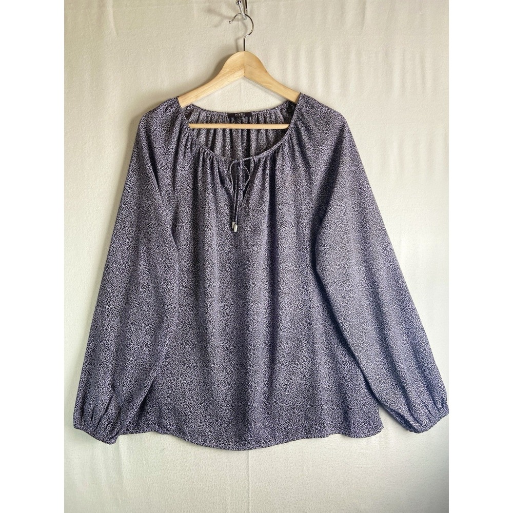 NYDJ Womens Blouse L Purple Black Print Lightweight Peasant Boho Casual